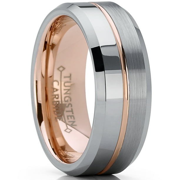 7 to 15 Double Accent 8MM Comfort Fit Tungsten Carbide Wedding Band Semi Domed Brushed Brown IP Rose Gold Tone Ring 